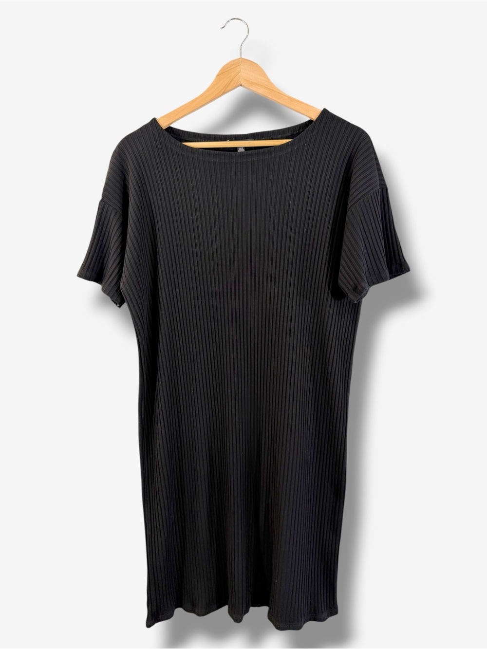 Eileen Fisher Black Ribbed Knit T Shirt Dress Size M Short Sleeve